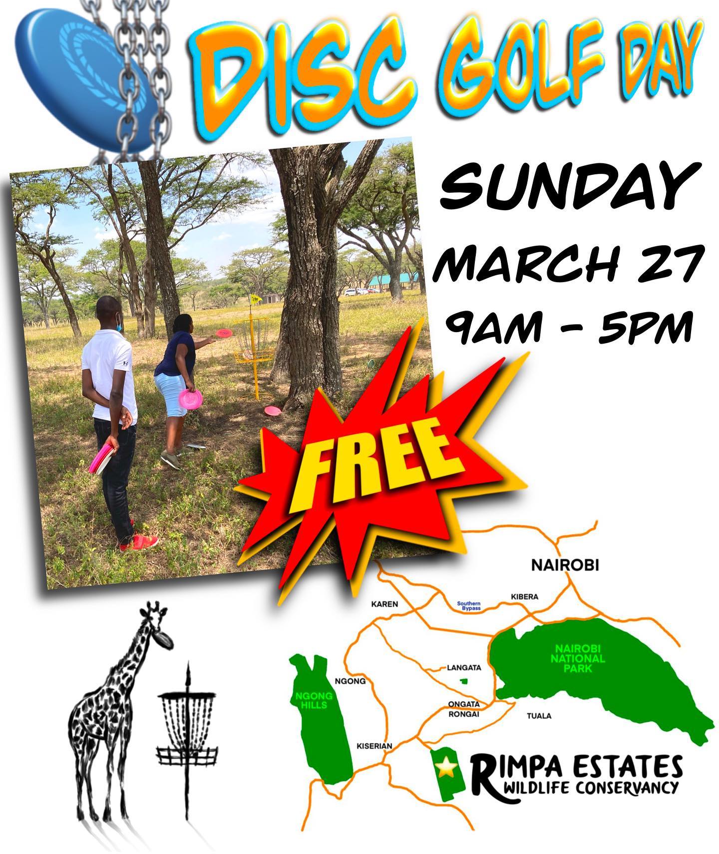 The next FREE Disc Golf Day at The Reserve at Rimpa Estates Wildlife Conservancy will take place on Sunday, March 27 from 9am to 5pm. 

You can come and play for as little or as long as you like. Bring some food, along with your family and friends, and have a picnic while you’re here.

I will also be filming footage for a funny disc golf themed music video that day. All guests are welcome to participate.

#kenya #discgolf #discgolfday #nairobidaytrips #kenyasports #discgolflife #discgolfeveryday #kenyawildlife #wildlifeconservation #kenyafamily #kenyafamily #nairobigetaway